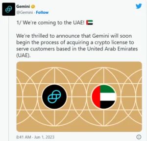 Gemini plans to get crypto licence in UAE