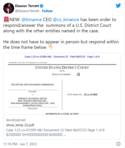Court releases notice against Binance CEO