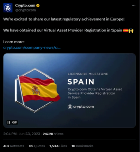Spain provides regulatory license to Crypto.com