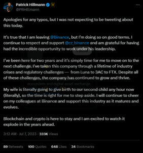 Binance chief officer left exchange
