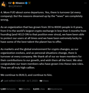 Binance chief officer left exchange