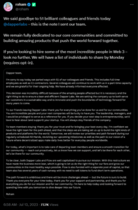 Dapper Labs announces their 3rd layoffs